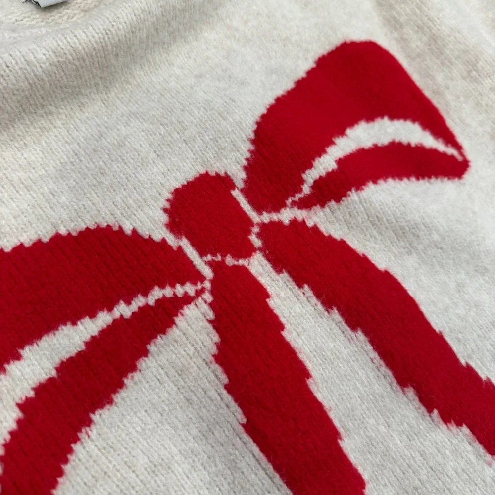 a new day Beige Sweater with Red Bow